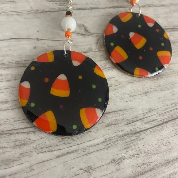Candy Corn Black Orange Round 2” Dangle White Beaded French Wire Silver - Picture 5 of 8